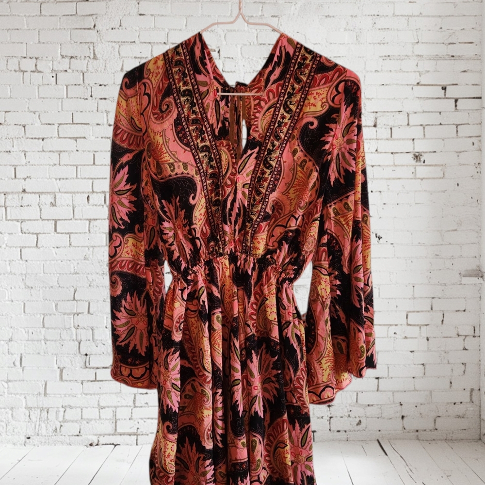 100% Silk Paisley Long Sleeve Dress - Black and Pink
